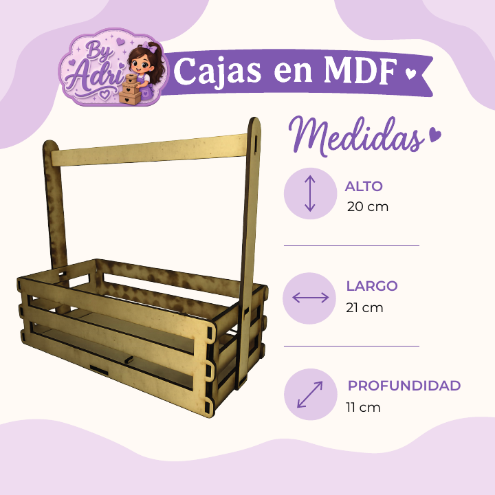 Caja en MDF con asas, 20 por 21 por 11 centímetros
